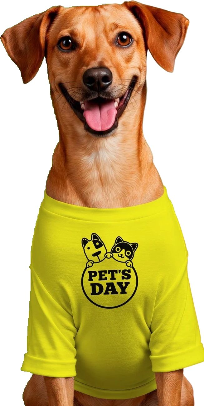 Cachorro caramelo com a camiseta amarela do Pet's Day
